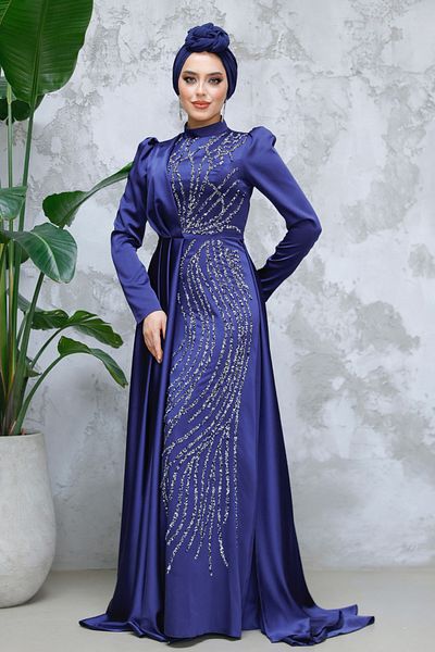 Neva Style Βραδινό φόρεμα με ουρά Navy Blue Hijab Satin 4303l