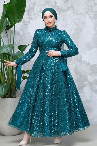 Neva Style - Sequin Sequin Embroidered Emerald Green Hijab Evening Dress 4713Zy