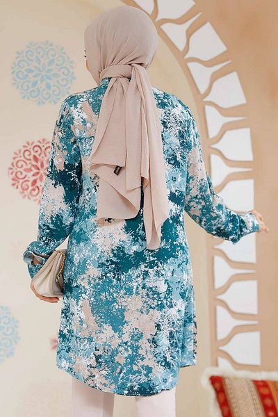 Neva Style تونيك فيسكوز حجاب أخضر منقوش 11707Y