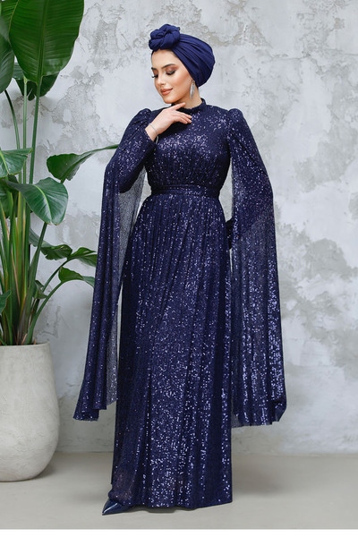 Neva Style Navy Blue Sequined Hijab Evening Dress with Cape Detail 47551L