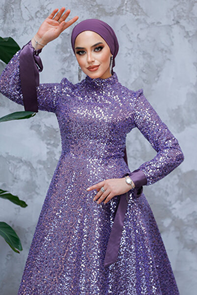 Neva Style - Sequin Embroidered Lilac Hijab Evening Dress 4713Lıla