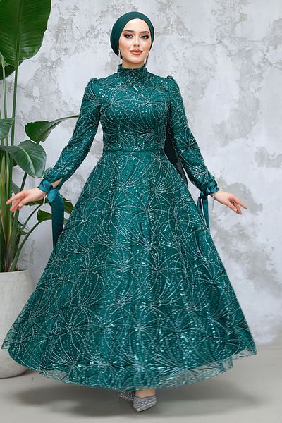 Neva Style - Sequin Bead Embroidered Emerald Green Hijab Evening Dress 4908Zy