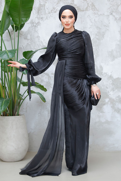 Neva Style Black Hijab Evening Dress with Tail Detail 48491S