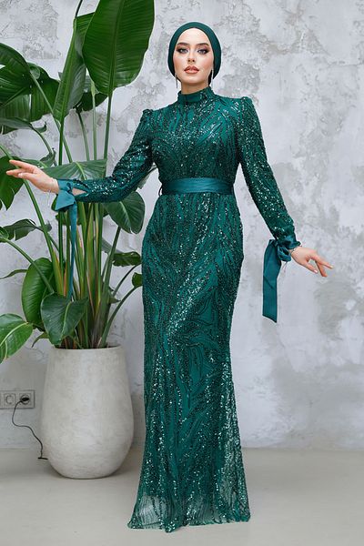 Neva Style - Sequin Bead Embroidered Emerald Green Hijab Evening Dress 4791Zy