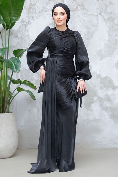 Neva Style Black Hijab Evening Dress with Tail Detail 48491S