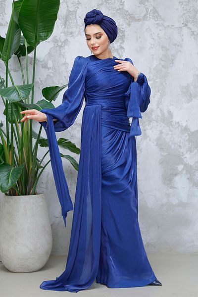 Neva Style Βραδινό φόρεμα Hijab Navy Blue με λεπτομέρεια ουράς 48491l