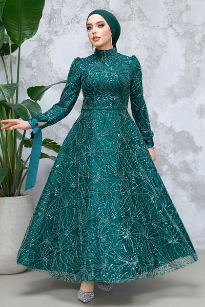 Neva Style - Sequin Bead Embroidered Emerald Green Hijab Evening Dress 4908Zy