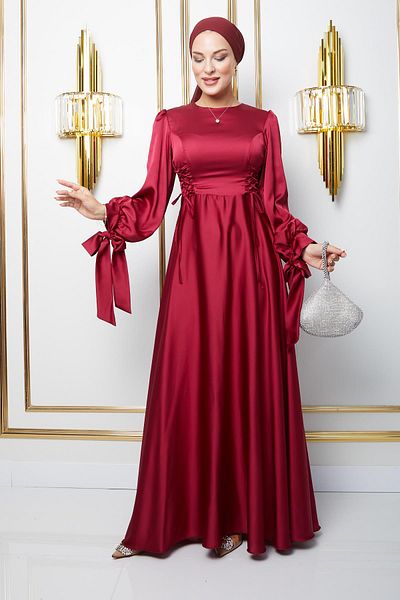 Olcay Rochie de seară Hijab Bordeaux - Detaliu din dantelă, mânecă legată la gură, evazată 1673