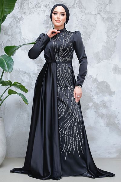 Neva Style Rochie de seara cu hijab - Rochie de seara din satin hijab negru cu coada 4303s