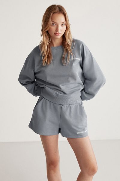 GRIMELANGE Jennıfer Women's Organic Cotton Embroidered Round Neck Oversize Gray Sweatshirt