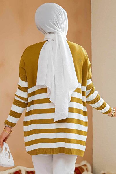 Neva Style Oil Green Stripe Striped Knitwear Tunic Sweater - 5325Yy