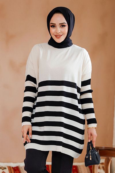 Neva Style Tunica de tricotaj hijab cu dungi de culoare crem - 5325KR