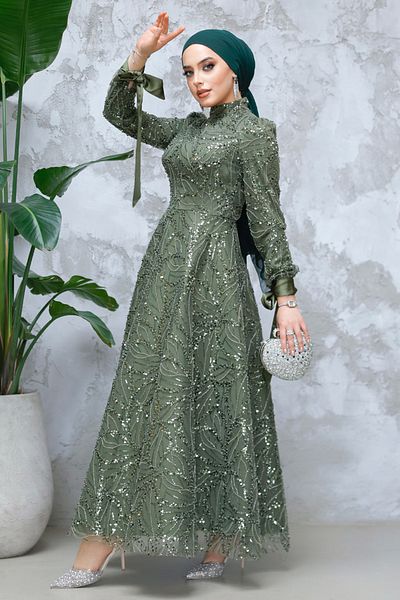 Neva Style - Sequin Bead Embroidered Khaki Hijab Evening Dress 4908Hk