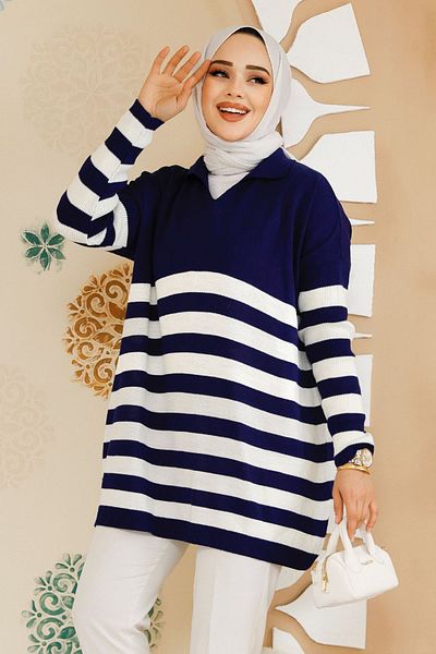 Neva Style Dună în dungi bleumarin tricotaj musulman Pulover Tunica 53401L