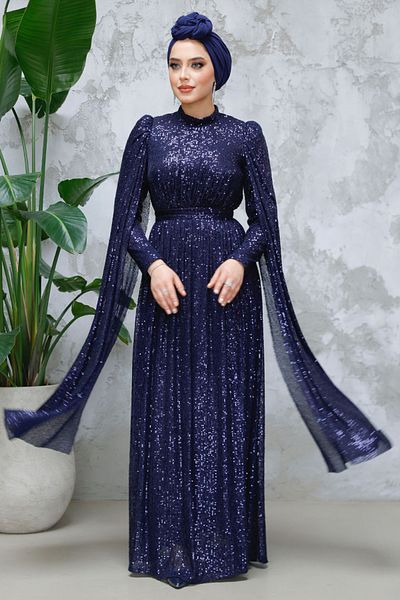 Neva Style Cape Detailed Navy Blue Sequined Hijab Evening Dress 47551L