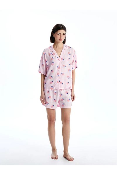 LC Waikiki Σετ πιτζάμες LCW Young Pink πουκάμισο με μοτίβο γιακά με γυναικείο σορτς