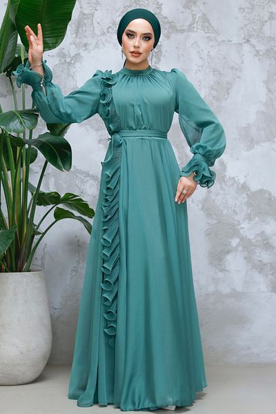 Neva Style Rochie de seara cu hijab - Rochie de seara verde hijab cu detaliu cu volane 48571y