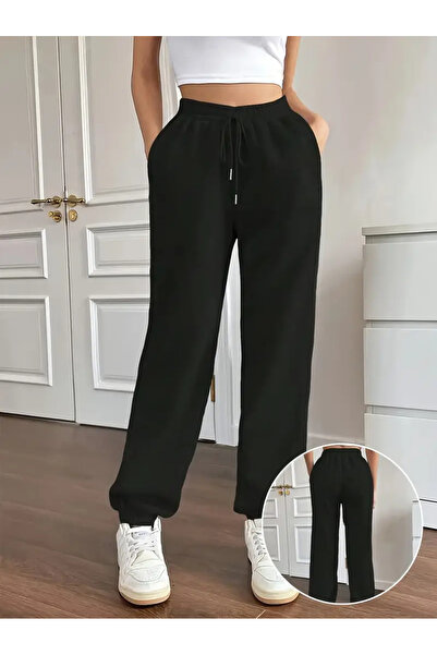 CAONNES Μαύρο Ελαστικό και Άνετο Γυναικείο Παντελόνι Φόρμας με Φαρδιά Γραμμή ...