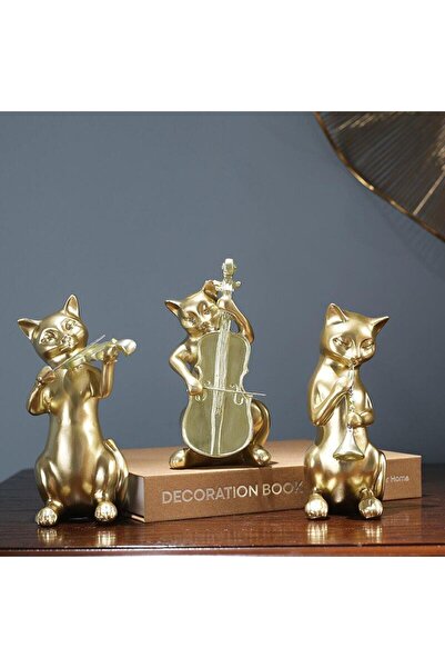 SUME Dekoratif Üçlü Müzisyen Kedi Biblo Masa Süsü Ev Dekor