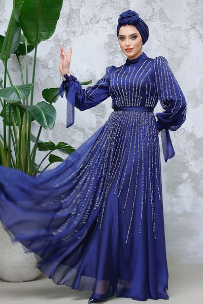 Neva Style - Sequin Bead Embroidered Navy Blue Hijab Evening Dress 47961L