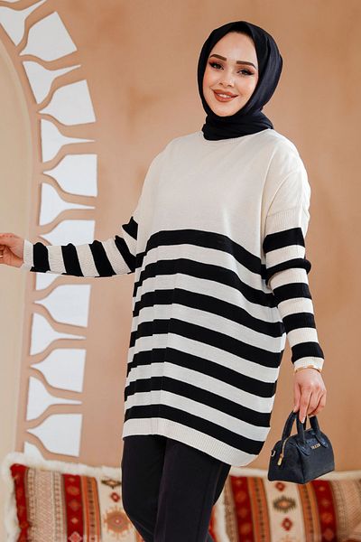 Neva Style Tunica de tricotaj hijab cu dungi de culoare crem - 5325KR