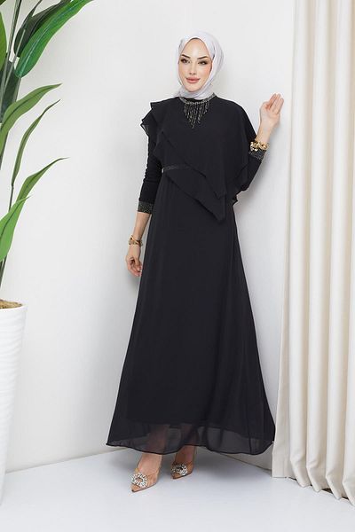 Olcay Βραδινό φόρεμα Hijab από πέτρα και σφόνδυλο ΜΑΥΡΟ 1651