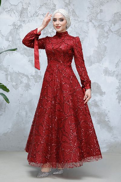 Neva Style Sequin Bead Embroidered Burgundy Hijab Evening Dress 4908Br