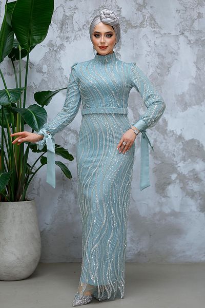 Neva Style - Sequin Bead Embroidered Mint Hijab Evening Dress 4764Mint