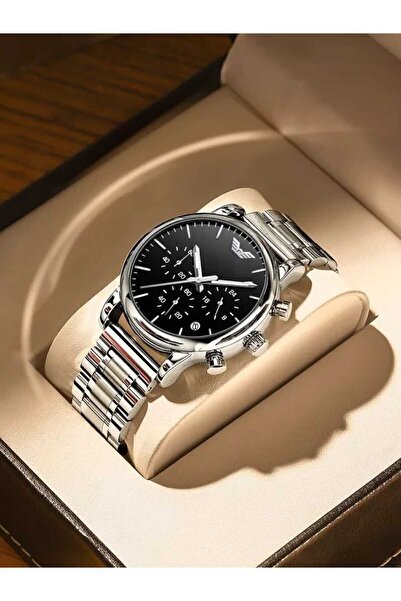 ÇENÇEN Erkek Çelik Gümüş Kordon Siyah Kadran Analog Yeni Model Kol Saati