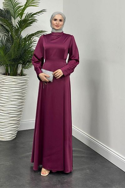MERVEN AKYÜZ Satin Emora Belted Dress - Plum