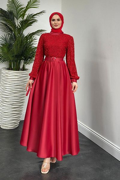 MERVEN AKYÜZ Red Axillary Beaded Evening Dress