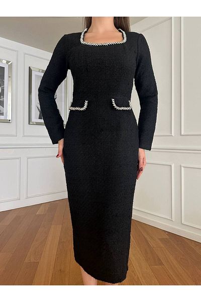 1Moda1Tarz Γυναικείο φόρεμα ειδικής σχεδίασης με λεπτομέρεια από εισαγόμενο ύφασμα τουίντ