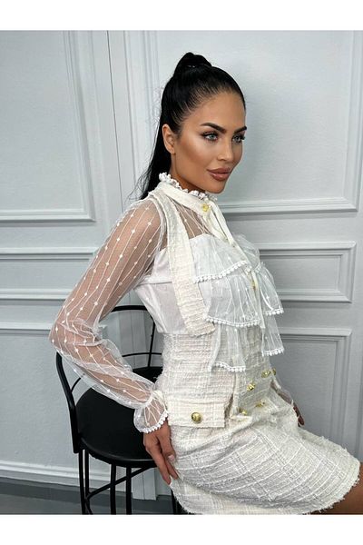 1Moda1Tarz Γυναικείο εισαγόμενο ύφασμα τουίντ στήθος και λεπτομέρεια σιφόν μανίκι με επένδυση από κορδέλα Ειδικό σχέδιο φόρεμα