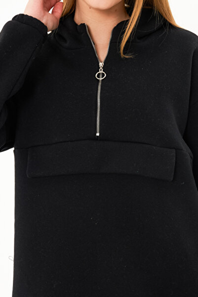 armonika Women's Black Pocket Cover Zippered Sweatshirt ARM-22Y001168
