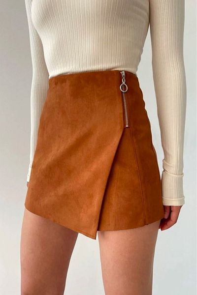 Mila Tan Zipper Detail Suede Short Skirt