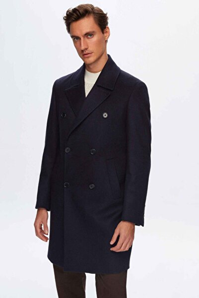Damat Regular Fit Lacivert Kaşmir-Yün Karışımlı Palto
