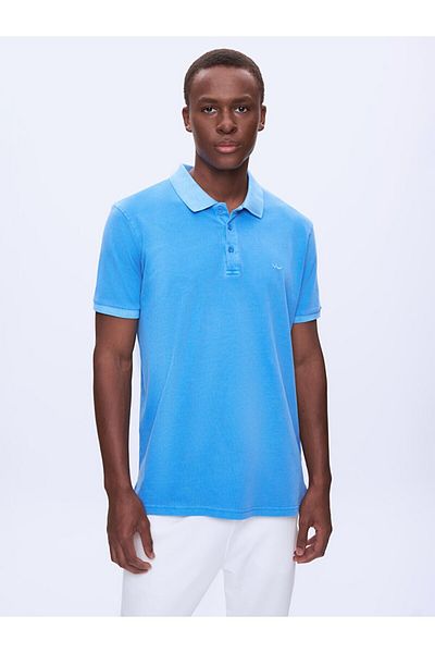 Ltb Tricou albastru cu gât polo cu efect decolorat