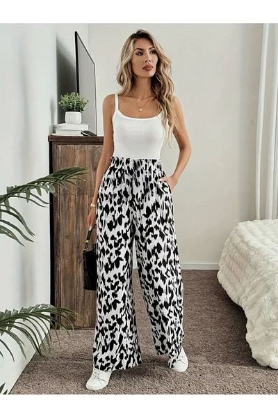 LUFES Comfortable Wide Leg Pants with Leopard Print Elastic Waist Pockets