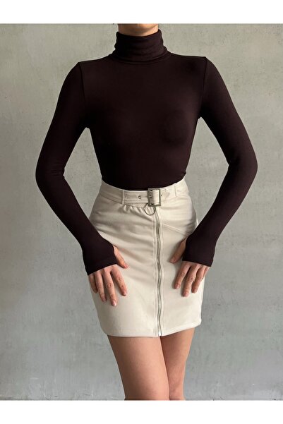 BEJNA Women's Finger Detailed Turtleneck Soft Blouse