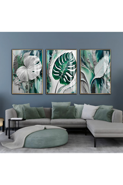 Harika bir ev Hari̇kabi̇rev | Green-Grey Leaf Combination Ii | Framed Glass T...