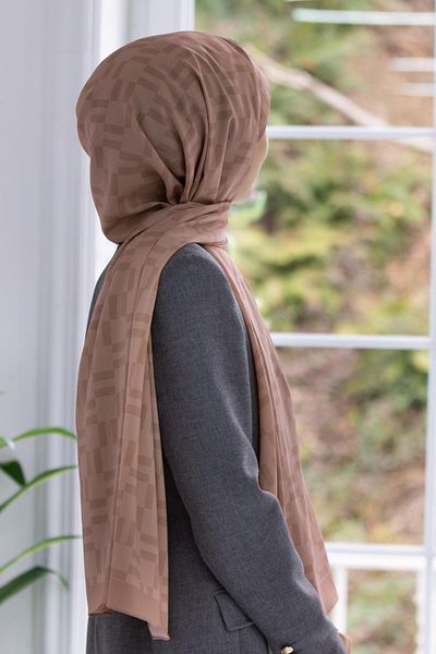 Vissona Luxurious Medina Silk Monogram Patterned Copper Colored 75X195 Non-Crimp Shalm Moss Crepe Stitch Type Italian Stecker