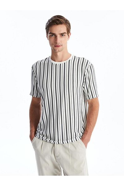 LC Waikiki Ecru Crew Neck Short Sleeve Striped Men's T-Shirt
