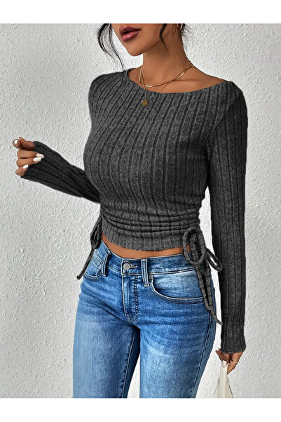 Wildco Μπλούζα με λαιμόκοψη από ανθρακί, μανίκια με μαζεμένο στο πλάι και λεπτομερή επεξεργασία