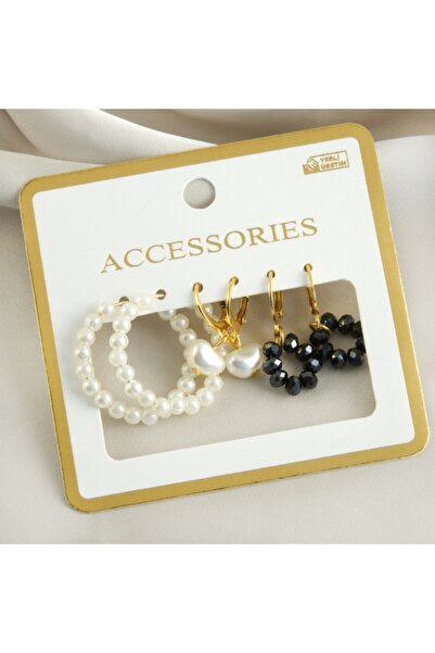 Duayen Design Kadın İncili Siyah Kristal Boncuklu Küpe Seti