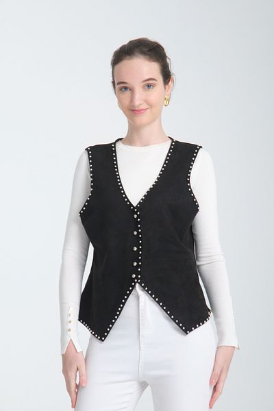 Wissi Life Scuba Suede V-Neck Tasli Button Black Vest