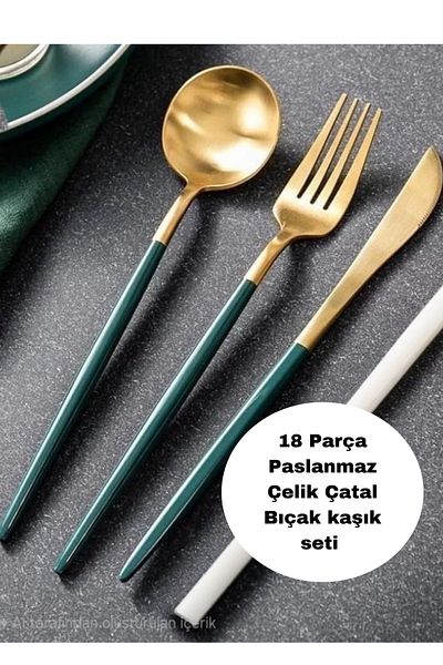 BRE HOME Astorga 18 Pieces 6 Seater Gold Green Titanium Stainless Steel Cutlery Set