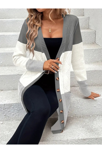 JANES Дамски дълъг ръкав, копчета отпред, джобове, многоцветен плетен кардиган