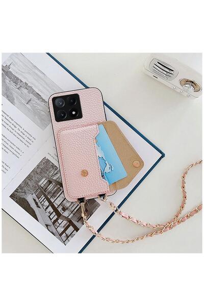 Zebana Xiaomi Poco X6 Pro 5G Uyumlu Kılıf Zebana Boyun Askılı Deri Kılıf Rose...