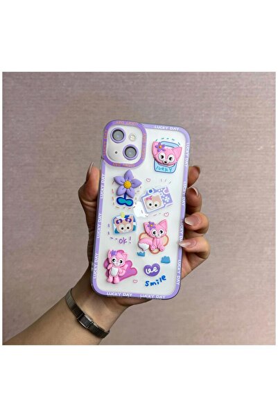 Zebana Apple iPhone 15 Uyumlu Kılıf Bear and Rabbit Silikon Kılıf Lila
