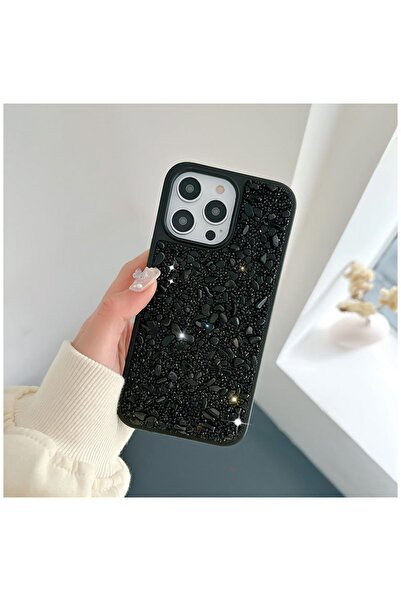 Zebana Apple iPhone 15 Pro Max Uyumlu Kılıf Taşlı Pırlanta Silikon Kılıf Siyah